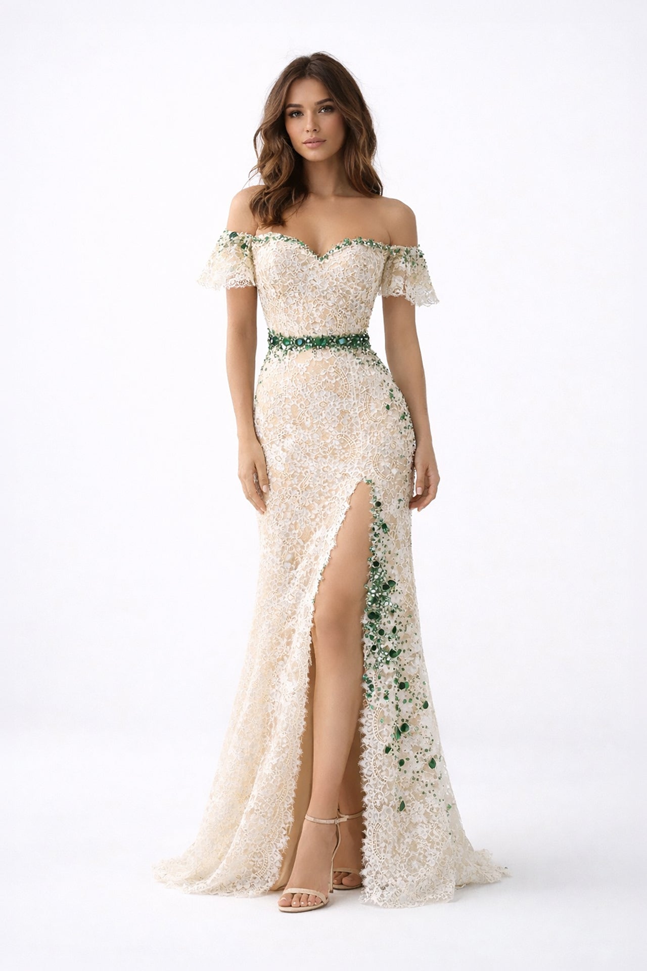 Emerald and ivory lace gown front view with off-shoulder neckline