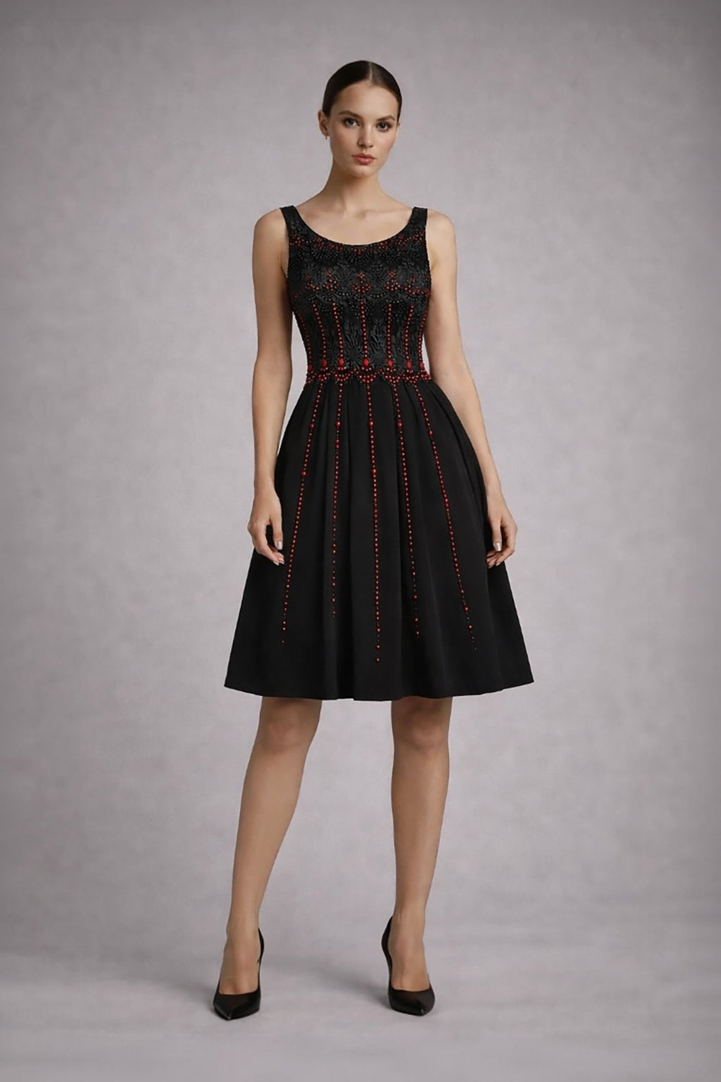 Black embellished A-line cocktail dress front view