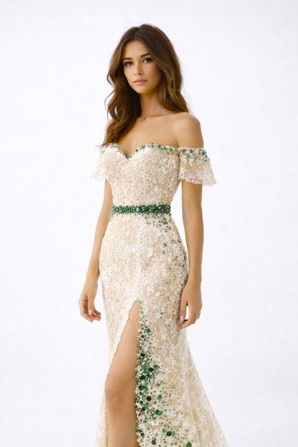 Emerald & Ivory Lace Gown
