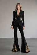 Black tailored women’s suit with gold embellished flared pants front view