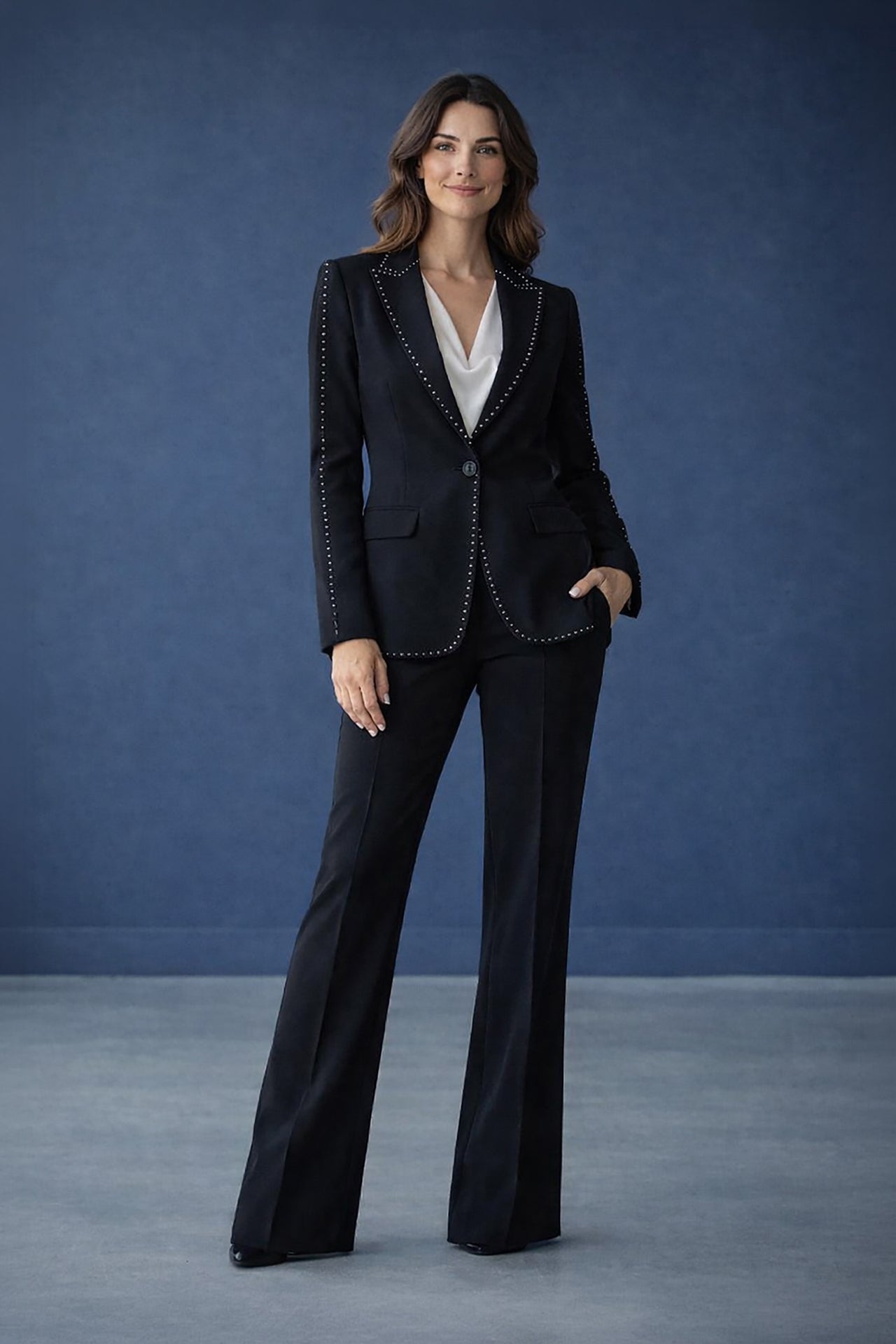 Classic black tailored blazer with structured silhouette front view