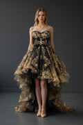 Black and gold high-low layered tulle evening dress front view