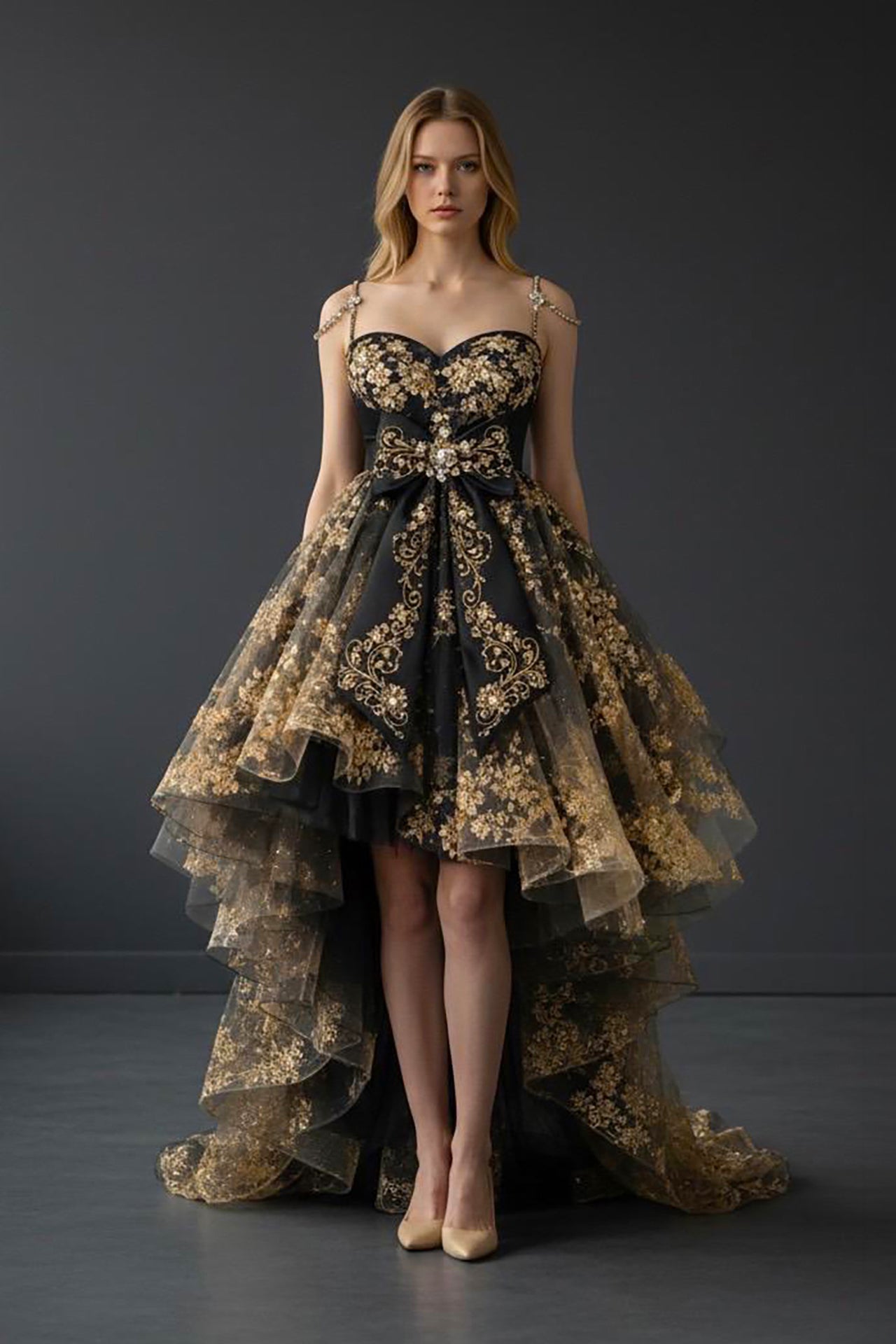 Black and gold high-low layered tulle evening dress front view