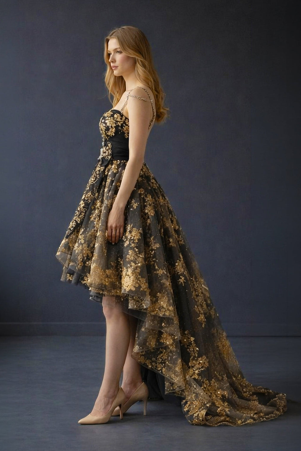 Black & Gold High-Low Layered Tulle Dress