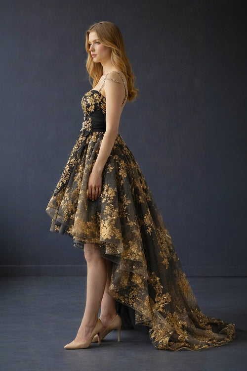 Black & Gold High-Low Layered Tulle Dress