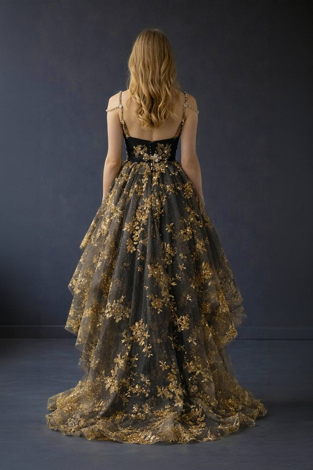 Black & Gold High-Low Layered Tulle Dress