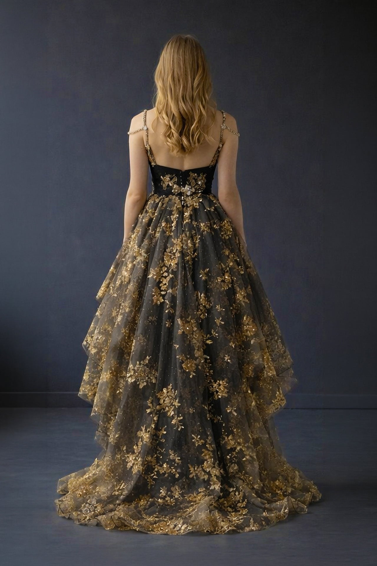 Black & Gold High-Low Layered Tulle Dress