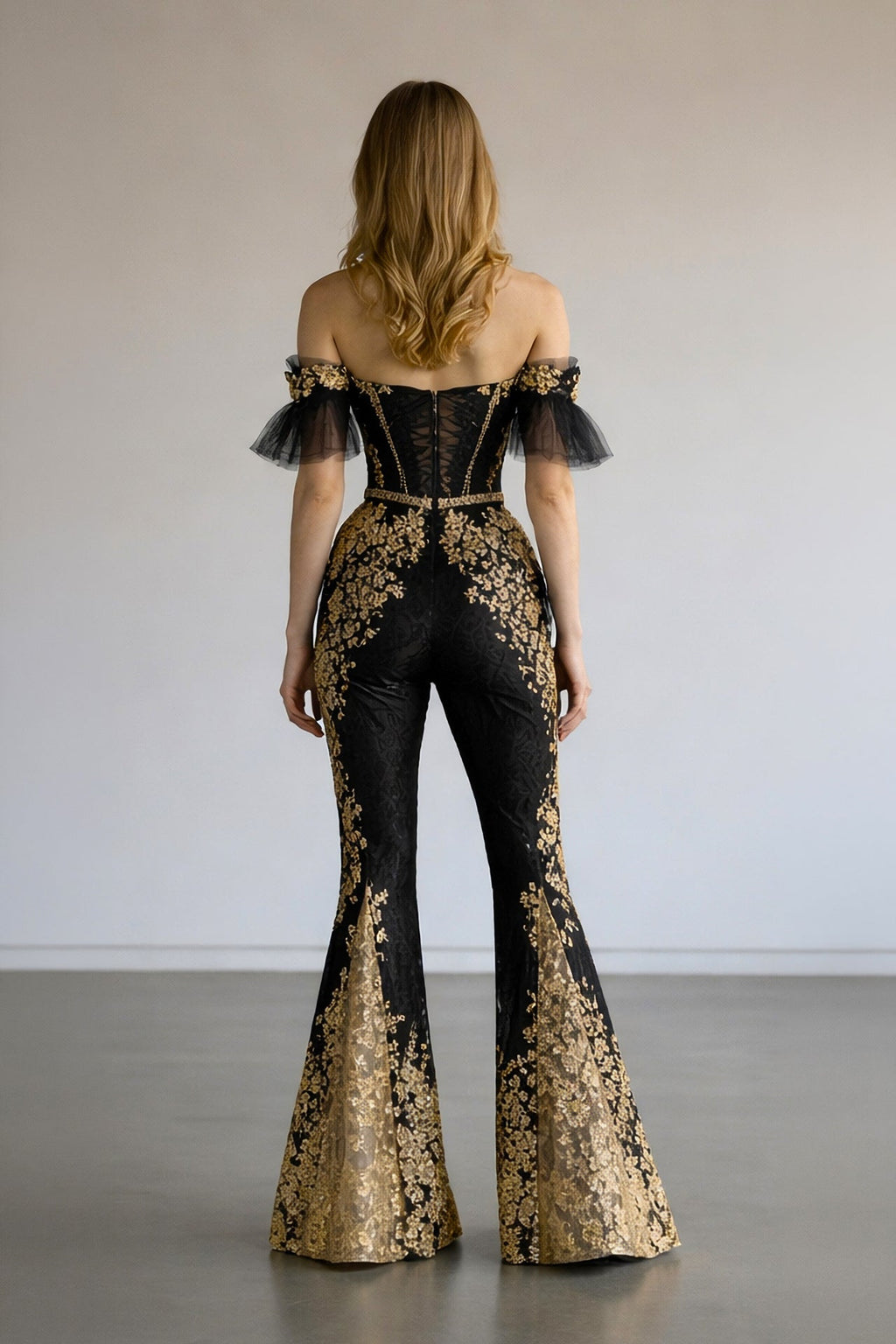 Black & Gold Off-Shoulder Bustier Corset + Flared Pants