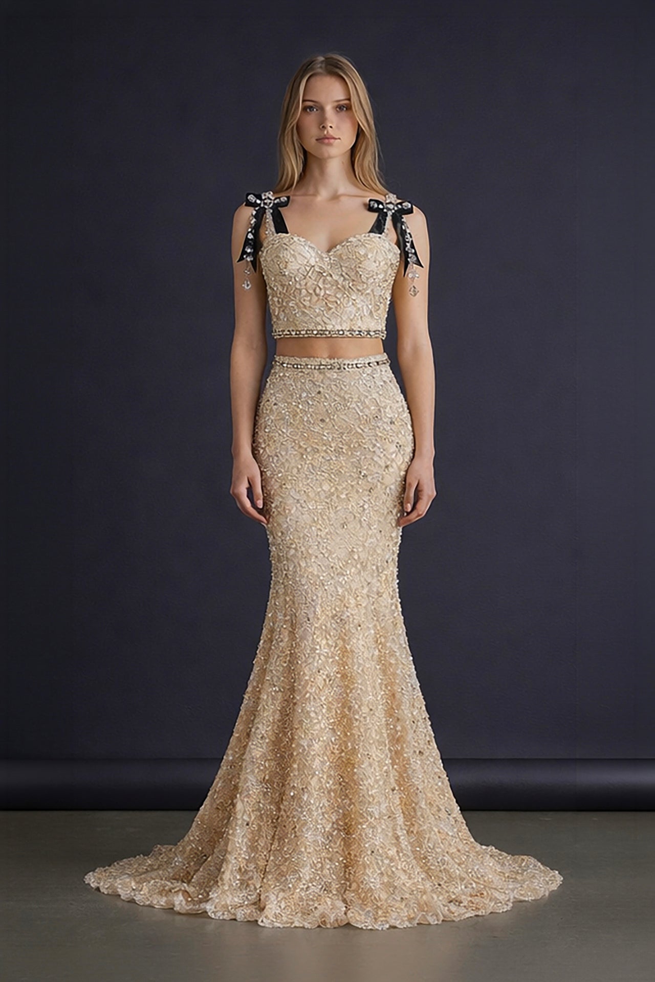 Gold embellished mermaid gown front view